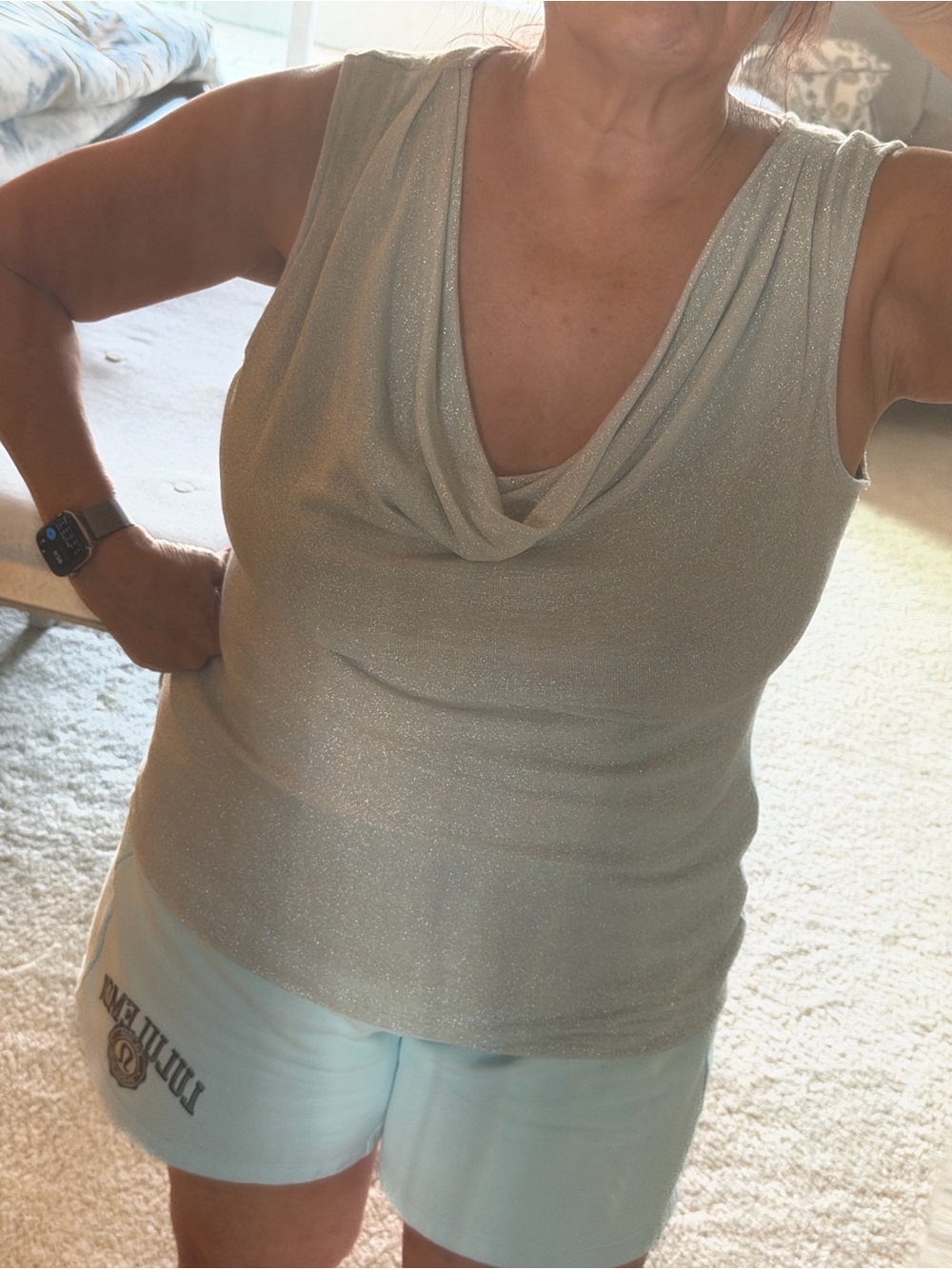White House Black Market Silver Shimmer Cowl Neck Tank